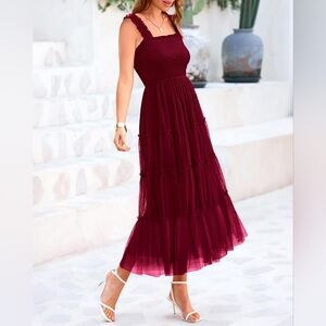 Chic Sleeveless Burgundy Midi Dress Ruffle Tulle